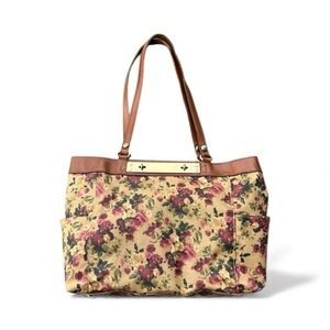 Patricia Nash Antique Rose Coated Linen Canvas Ria Tote Leather Trim Floral Tote